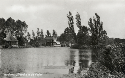 14960 Gezicht op de Vecht te Vreeland uit het noordwesten; met in het midden het eilandje met loofbomen.N.B. De ...